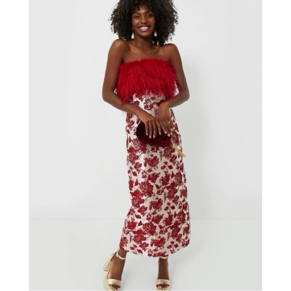 Strapless Red Floral Maxi Dress with Feather Bodice
